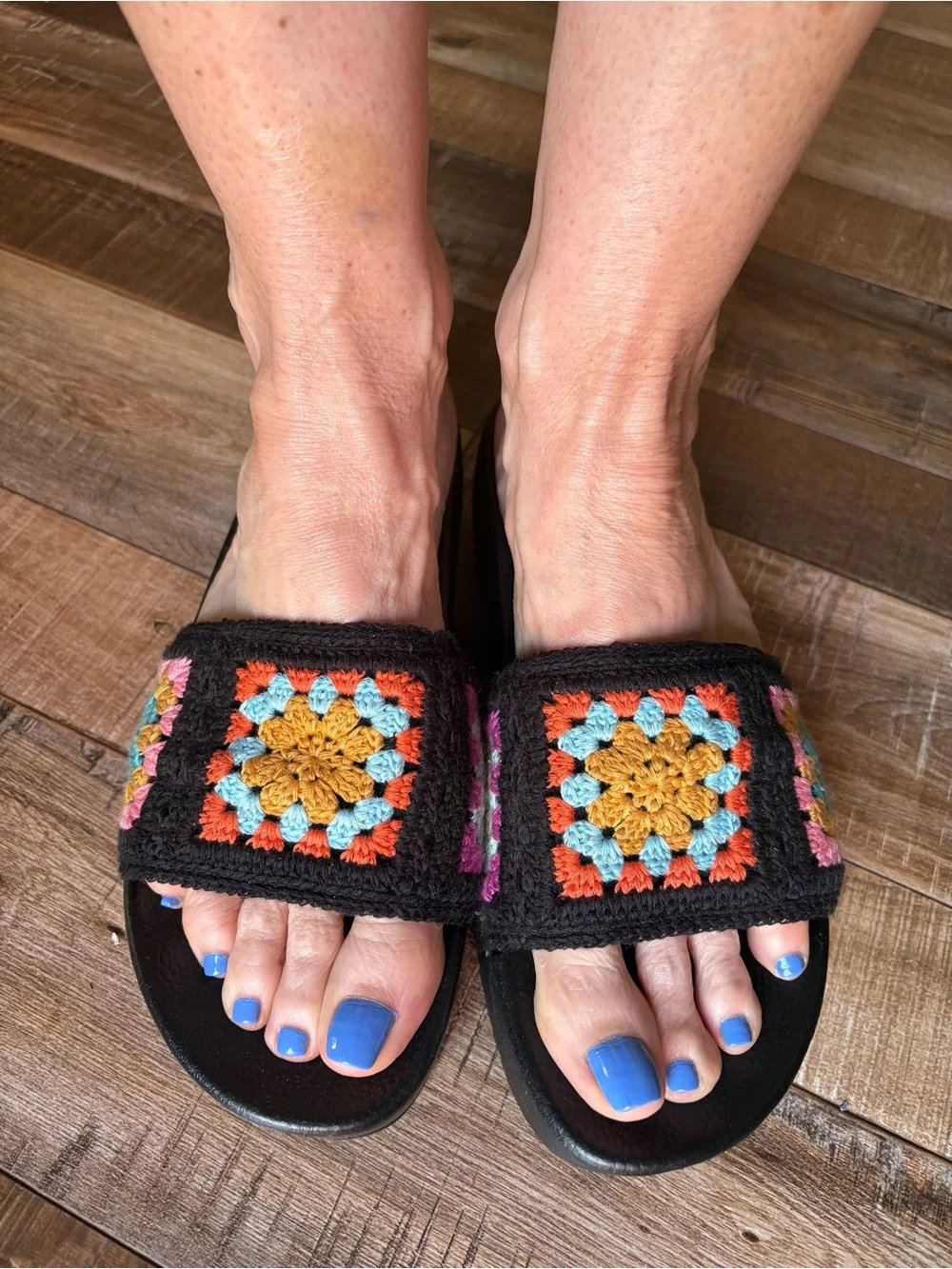 Dirty Laundry Black Crochet Slide Sandals with Multicolor Squares